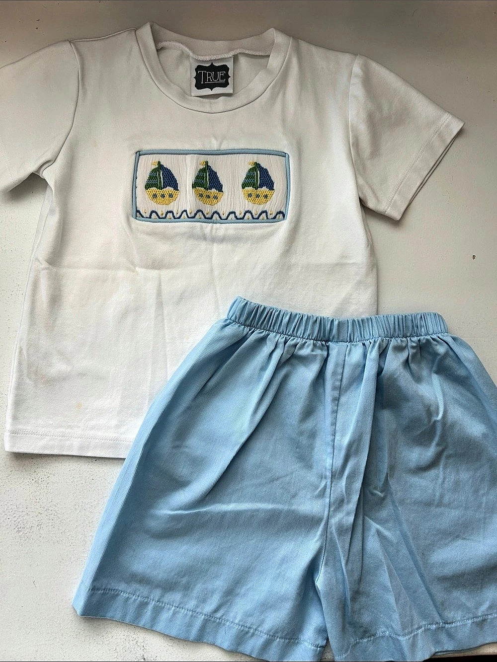 True Children's Clothing Kids Embroidered Top & Shorts Set in White & Blue